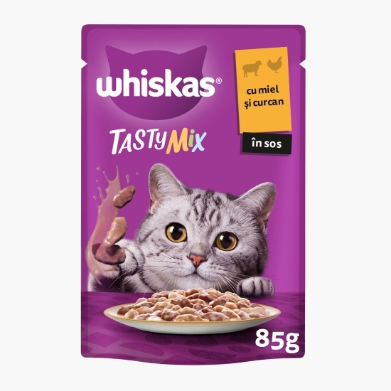 Hrană umedă pentru pisici adulte, 85g, Tasty Mix cu miel și curcan în sos 85g