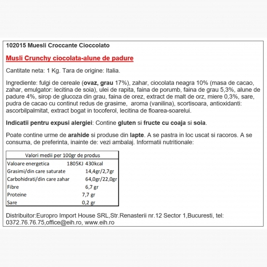 Musli crunchy cu ciocolată și alune de pădure 1kg