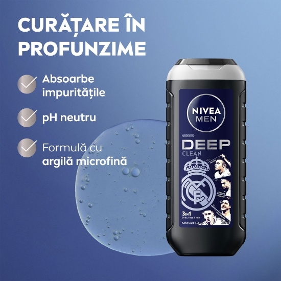 Gel de duș pentru bărbați Deep Clean 3în1, pentru corp, față și păr, ediție limitată Real Madrid 250ml