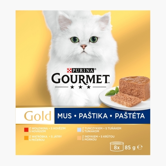Hrană umedă pentru pisici Gourmet Gold Mousse, 8x85g, mix de arome (vită, ficat, ton, curcan)
