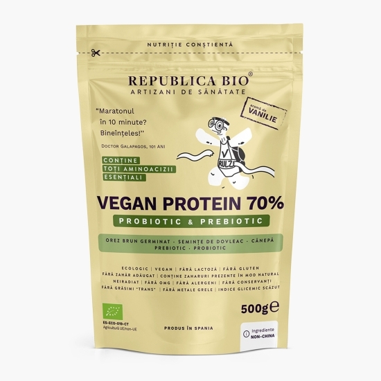  Pulbere proteică eco Vegan Protein 70% - Probiotic & Prebiotic, cu gust de vanilie, 500g