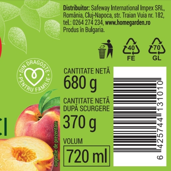 Compot de piersici jumătăți, decojite, în sirop slab îndulcit, 680g