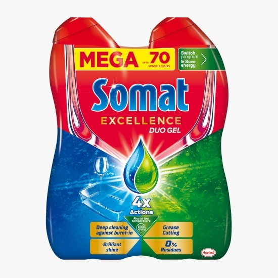 Detergent lichid pentru mașina de spălat vase Excellence Gel Duo, 70 spălări, 630ml