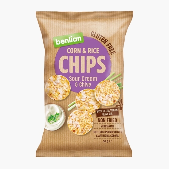 Chipsuri din porumb și orez cu aromă de smântână și arpagic, fără gluten 50g