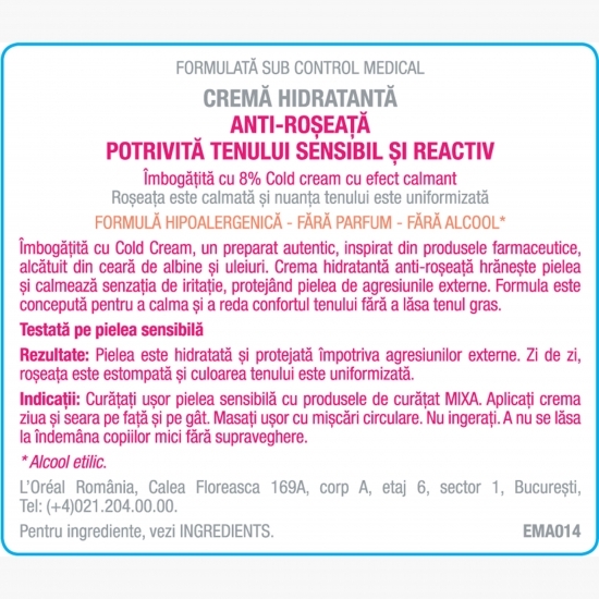 Cremă hidratantă anti-roșeață pentru ten sensibil și reactiv 50ml