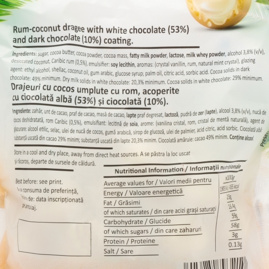 Drajeuri cu cocos acoperite cu ciocolată albă și umplute cu rom 150g