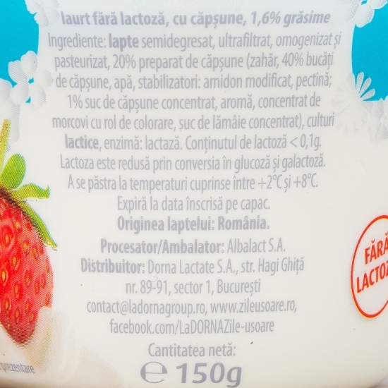 Iaurt cu căpșuni fără lactoză, 1.6% grăsime, 150g