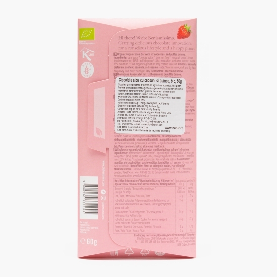 Ciocolată albă eco, cu căpșune și quinoa, 60g