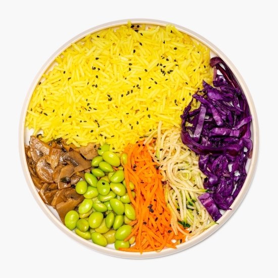 Salată vegană cu orez, ciuperci și edamame Bibimbap Bowl, 405g