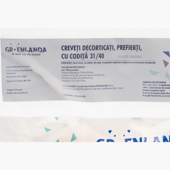 Creveți decorticați, prefierți, cu codiță, 31/40, 1kg