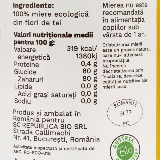 Miere crudă de tei ecologică 700g