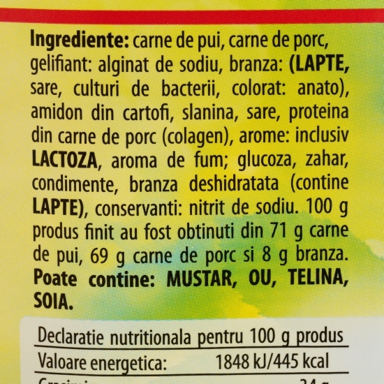 Cârnăciori uscați și afumați, din pui și porc, cu cașcaval 90g
