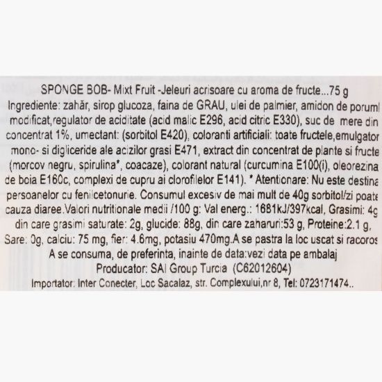 Jeleuri acrișoare cu aromă de fructe Sponge Bob Sour Bites 75g