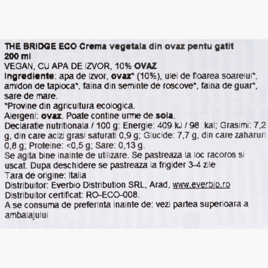 Cremă ecologică vegetală din ovăz pentru gătit, 0.2l 
