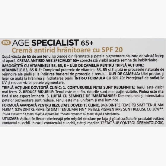 Cremă de zi antirid hrănitoare SPF20, 65+ Age Specialist, 50ml
