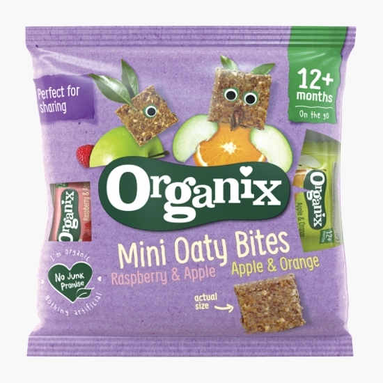 Mini batoane ecologice din ovăz integral cu mere-zmeură și mere-portocale, 110g, 12+ luni