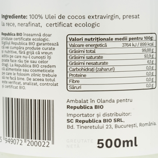 Ulei de cocos ecologic extravirgin, presat la rece 0.5l