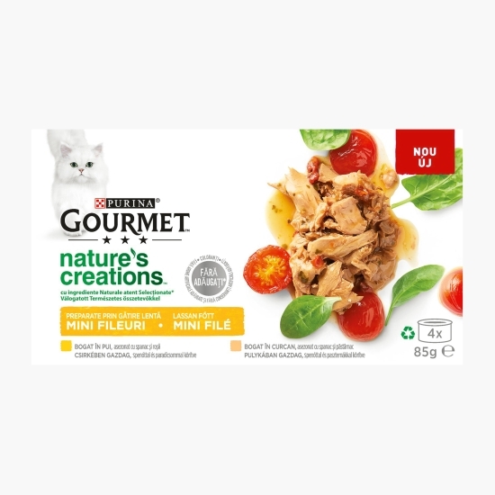  Hrană umedă pentru pisici, 4x85g, Multipack pui, spanac roși și curcan, spanac și păstârnac