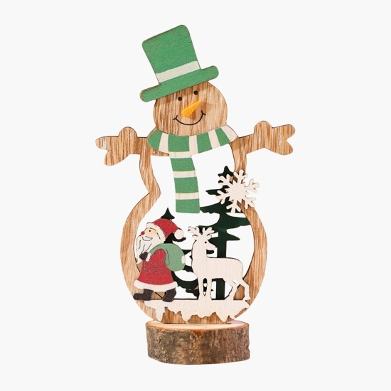 Decorațiune de Craciun, model Om de zăpadă, din lemn, 10.5x18cm