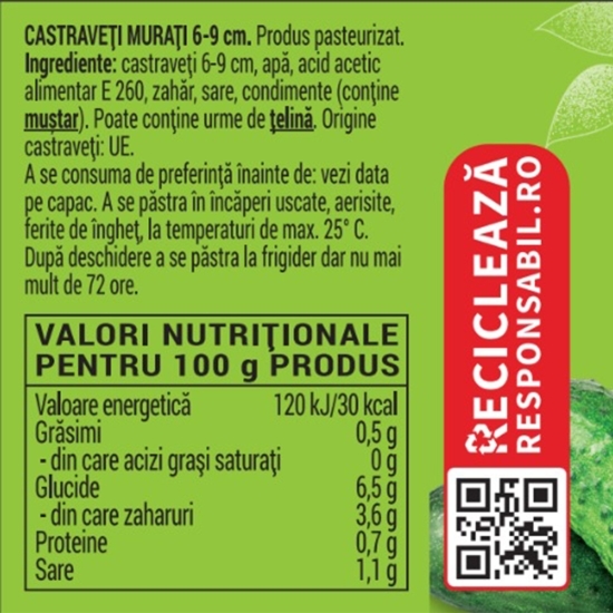 Castraveți murați 6-9cm în oțet 840g