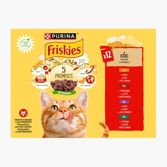 Hrană umedă pentru pisici, 12x85g, mix de arome (pui, vită, miel, rață)