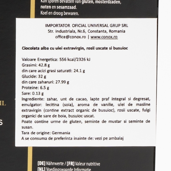 Ciocolată albă cu ulei extravirgin, roșii uscate și busuioc 100g