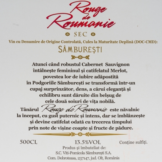 Vin roșu sec Rouge de Roumanie, Cabernet Sauvignon şi Merlot, 13.5%, bag in box 5l