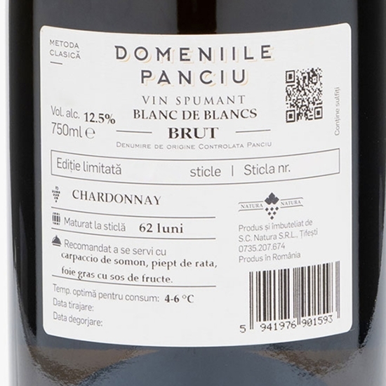 Vin spumant alb brut Blanc de Blancs D.O.C., 12.5%, 750ml