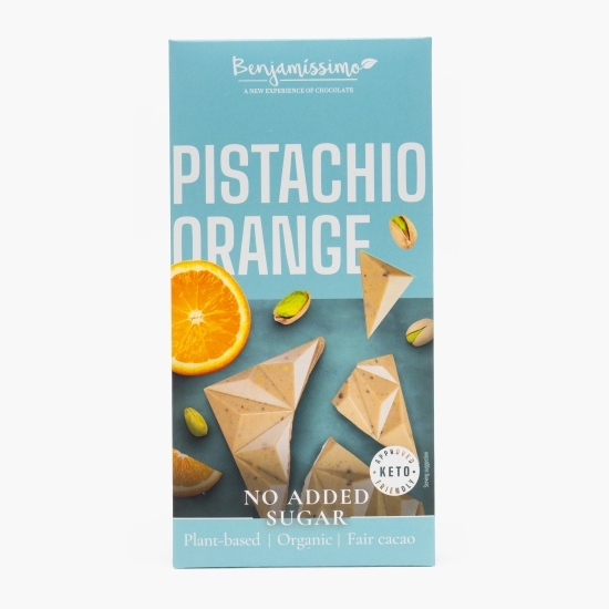 Ciocolată albă eco, cu fistic și portocale, fără zahăr adăugat, 60g