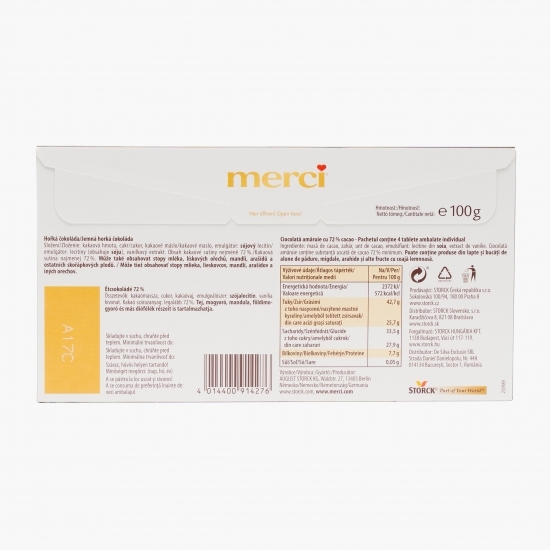 Tablete de ciocolată amăruie cu 72% cacao 100g, 4 buc