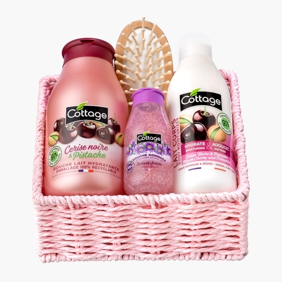 Set cadou cireșe&fistic coș: gel de duș 250ml + lapte de corp 250ml + scrub violete 500ml+ perie de păr