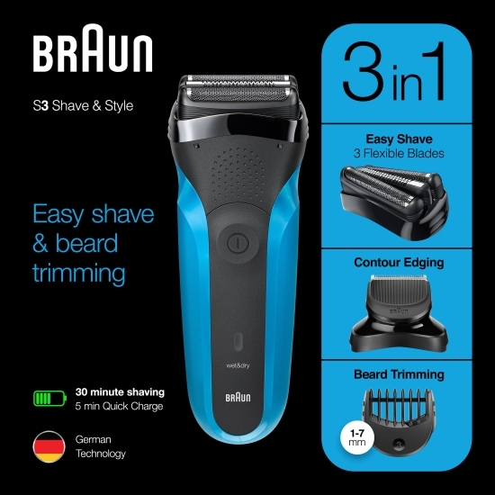 Aparat de ras electric Series 3 Shave&Style 310BT Wet&Dry 3 lame flexibile + cap trimmer, 5 piepteni, negru/albastru