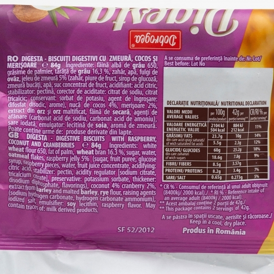 Biscuiți digestivi cu zmeură, cocos și merișoare 84g