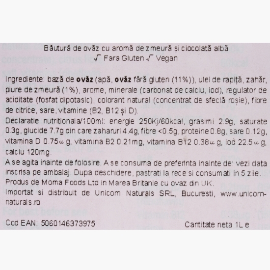 Băutură vegetală din ovăz cu zmeură și ciocolată albă 1l