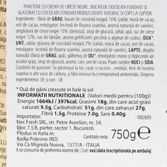 Panettone cu cremă de cireșe amare și bucăți de ciocolată neagră 750g