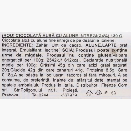 Ciocolată albă cu alune întregi 130g