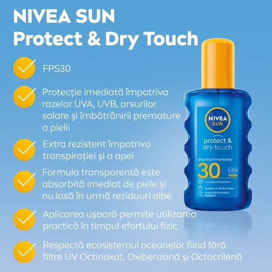 Spray cu protecție solară Protect & Dry Touch, SPF 30, 200ml