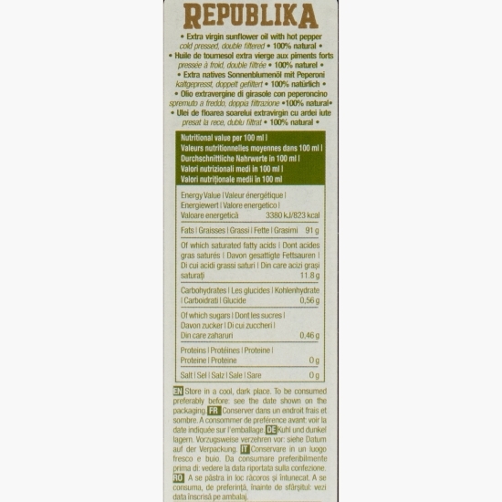 Ulei de floarea-soarelui presat la rece, cu ardei iute, 0.25l