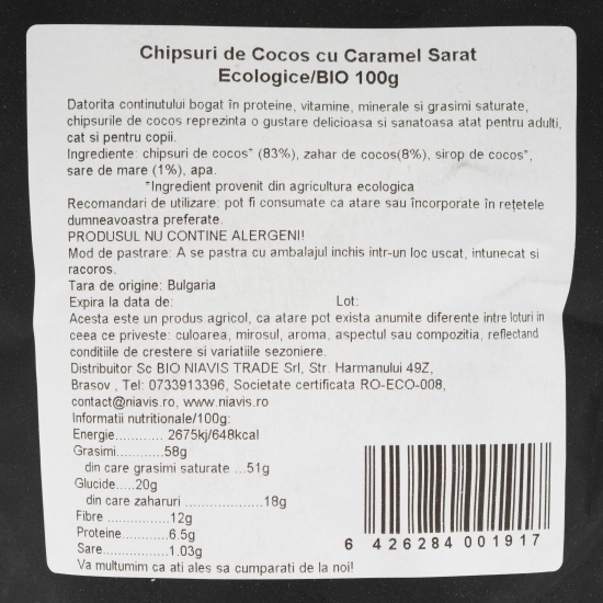 Chipsuri de cocos cu caramel sărat ecologic 100g
