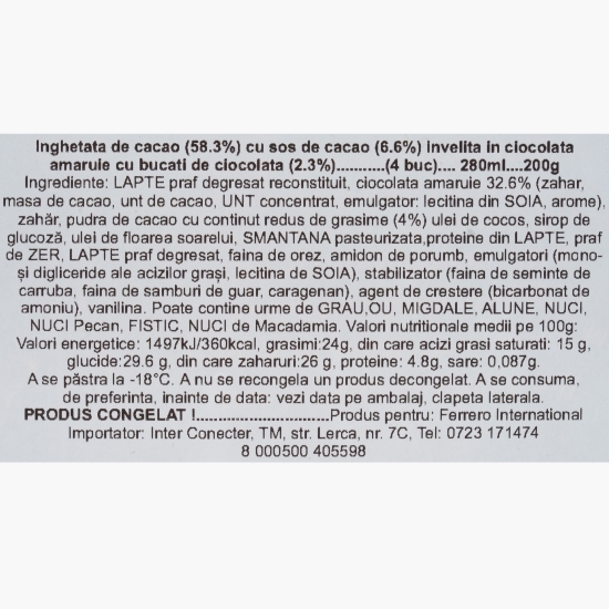 Înghețată de cacao, cu sos de cacao și înveliș de ciocolată amăruie 4x70ml