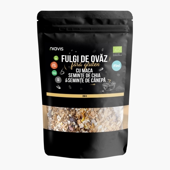 Fulgi de ovăz fini eco, fără gluten, cu maca, semințe de chia și semințe de cânepă 200g