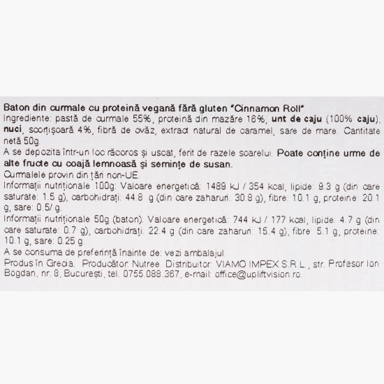 Baton proteic din curmale Cinnamon Roll, fără gluten, vegan, 50g