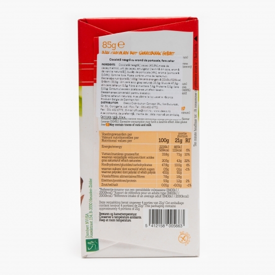 Ciocolată neagră cu aromă portocale, fără zahăr 85g