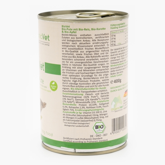 Hrană eco umedă pentru câini, 400g, cu orez, morcov, curcan și mere