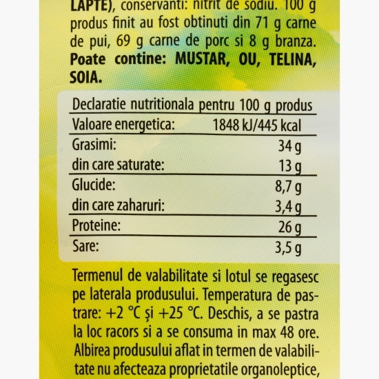 Cârnăciori uscați și afumați, din pui și porc, cu cașcaval 90g
