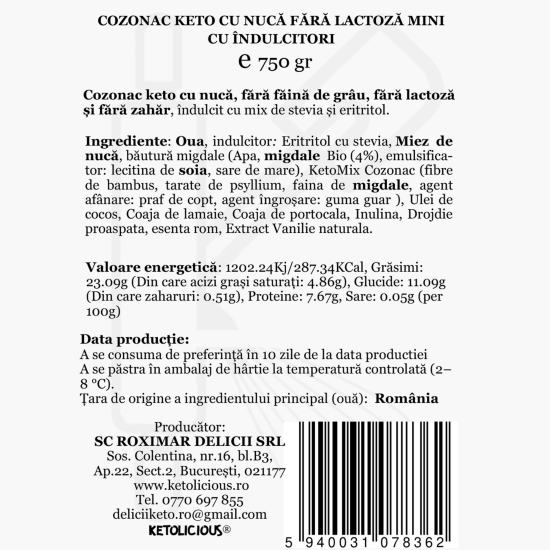 Cozonac keto cu nucă, fără lactoză 750g
