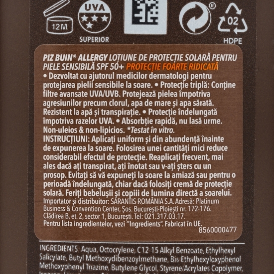 Loțiune cu protecție solară Piz Buin Allergy SPF 50+ pentru piele sensibilă, 200ml