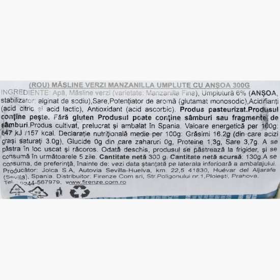 Măsline verzi Manzanilla umplute cu anșoa 300g