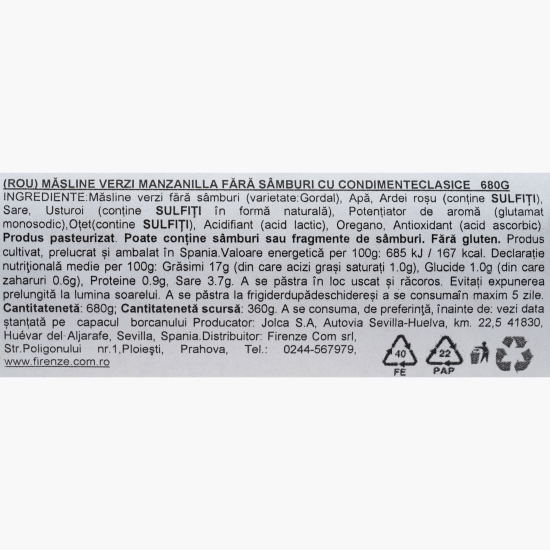 Măsline verzi cu condimente clasice, fără sâmburi 680g