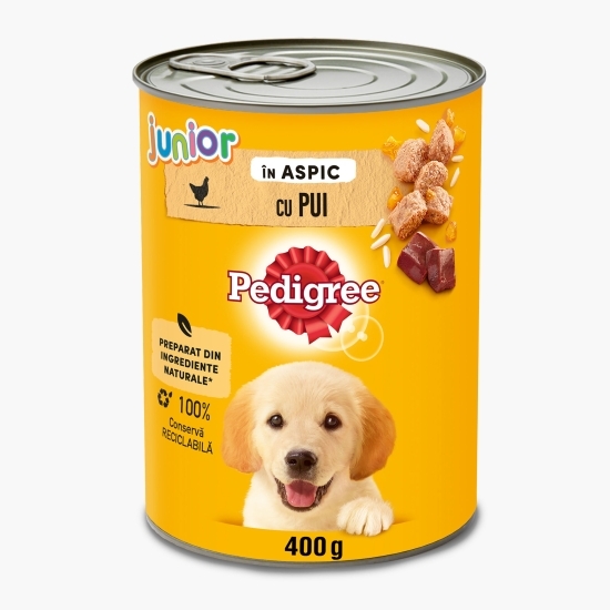 Hrană umedă completă pentru căței juniori, 400g, cu pui în aspic
